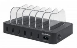 Manhattan Charging Station, 6x USB-A Ports, Outputs: 6x 2.4A, Smart IC, LED Indicator Lights, Black, Three Year Warranty 