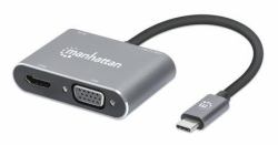 Manhattan USB-C Dock/Hub, Ports [x4]: HDMI, USB-A, USB-C and VGA, with Power Delivery [PD] 87W- requires external USB-C charger [not included]. USB powered [no external power supply required] when PD is not in use, Aluminium 