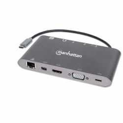 Manhattan USB-C Dock/Hub with Card Reader, Ports [x8]: HDMI, Audio 3.5mm, Ethernet, Mini DisplayPort, USB-A [x3] and USB-C, With Power Delivery [60W] to USB-C Port [Note add USB-C wall charger and USB-C cable needed], All Ports can be used at the same time 