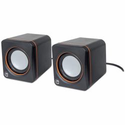 Manhattan 2600 Series Speaker System, Small Size, Big Sound, Two Speakers, Stereo, USB power, Output: 2x 3W, 3.5mm plug for sound, In-Line volume control, Cable 0.9m, Black, Three Year Warranty 
