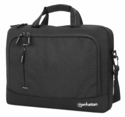 Manhattan Helsinki Eco Friendly Laptop Bag 14.1", Top Loader, Black, Padded Notebook Compartment, Front and Multiple Interior Pockets, Padded Handle, Trolley Strap, Recycled Materials, Black, Shoulder Strap [removable], Notebook Case, Three Year Warranty 