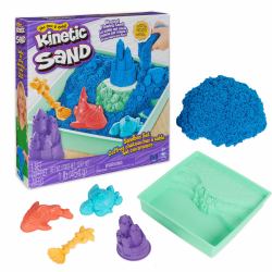 Spin Master Kinetic Sand , Sandbox Set with 1lb Blue Play Sand, 4 Tools & Molds, Storage, Sensory Toys for Kids Ages 3 and up 