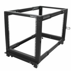 StarTech.com 4-Post 12U Mobile Open Frame Server Rack, Four Post 19" Network Rack with Wheels, Rolling Rack with Adjustable Depth for Computer/AV/Data/IT Equipment - Casters, Leveling Feet or Floor Mounting 