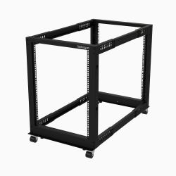 StarTech.com 4-Post 15U Mobile Open Frame Server Rack, Four Post 19" Network Rack with Wheels, Rolling Rack with Adjustable Depth for Computer/AV/Data/IT Equipment - Casters, Leveling Feet or Floor Mounting 