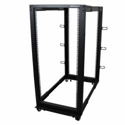 StarTech.com 4-Post 25U Mobile Open Frame Server Rack, Four Post 19in Network Rack with Wheels, Rolling Rack with Adjustable Depth for Computer/AV/Data/IT Equipment - Casters, Leveling Feet or Floor Mounting 
