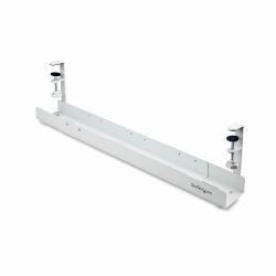 StarTech.com Under Desk Cable Management Tray, Length Adjustable Cable Organizer, Clamp-On Installation, No Drilling Required, Power Bar Holder, White 