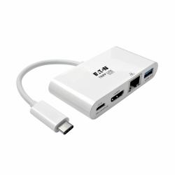 Tripp Lite U444-06N-HGU-C USB-C Multiport Adapter - HDMI, USB 3.x [5Gbps] Hub Port, Gigabit Ethernet, 60W PD Charging, HDCP, White 