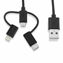 V7 Black USB Cable USB 2.0 A Male to Micro USB Male, Lightning Male, USB-C Male 1m 3.3ft 