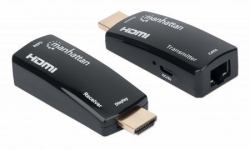 Manhattan 1080p@60Hz Compact HDMI over Ethernet Extender Kit, Extends Distances of Signal up to 60m with a Single Cat6 Ethernet Cable, Transmitter and Receiver included, Power over Cable, Ultra Sli...