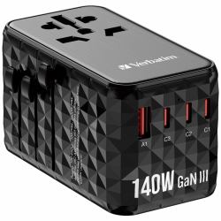 Verbatim UTA-10 140W GaN III Universal Travel Adapter with 2 x USB-C PD 3.1 & QC 4+, 1 x USB-C PD 3.0 & 1 x USB-A QC 3.0 ports (Verbatim GaN III Universal Travel Adapter UTA-10)