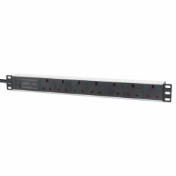Intellinet 19" 1U PDU 7-way UK, Surge Protection, Rackmount, Power Distribution Unit, UK 3-pin outlets, 3m power cord, output (19IN PDU 1U 7-WAY UK AC - PLUGS-SURGE PROTECTION)