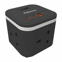 Fellowes Power Cube with 3 Power Socket Extension USB-A & USB-C Ports Black (Power Cube Type G - Black)